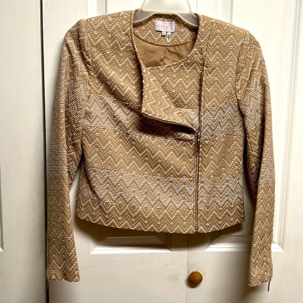 1 State Tan White Zig Zag Twill Zipper Crop Blazer Size M